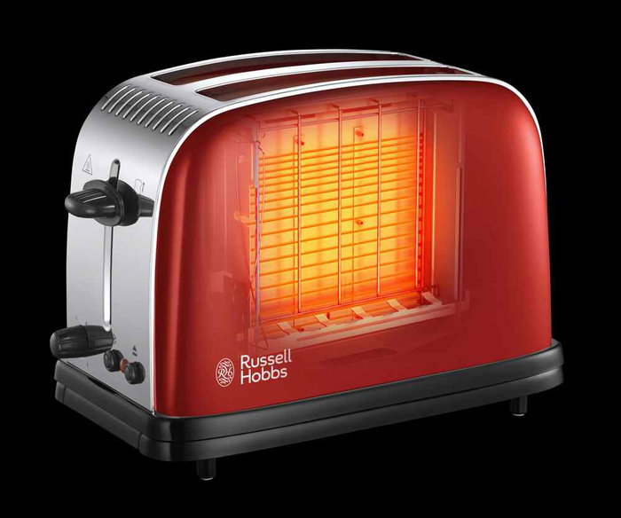 Russell Hobbs Tostador Colours Plus+ Rouge Référence 23330-56 - Tostador à technologie de tueste rapide, fonction lever et voir, bandeja recogemigas, calientapanecillos