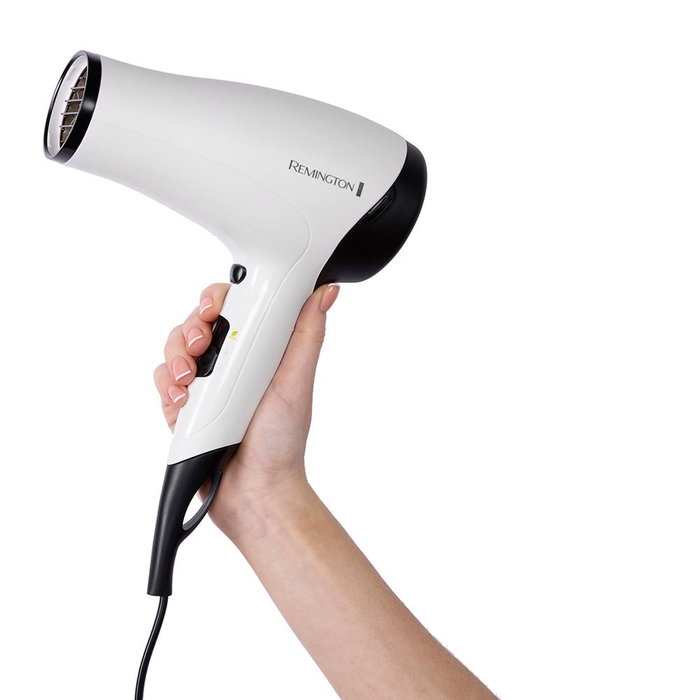 Remington Power Volume D3015 - Sèche-cheveux ionique 2000 W avec céramique, 3 températures, 2 vitesses, concentrateur et diffuseur, blanc/noir