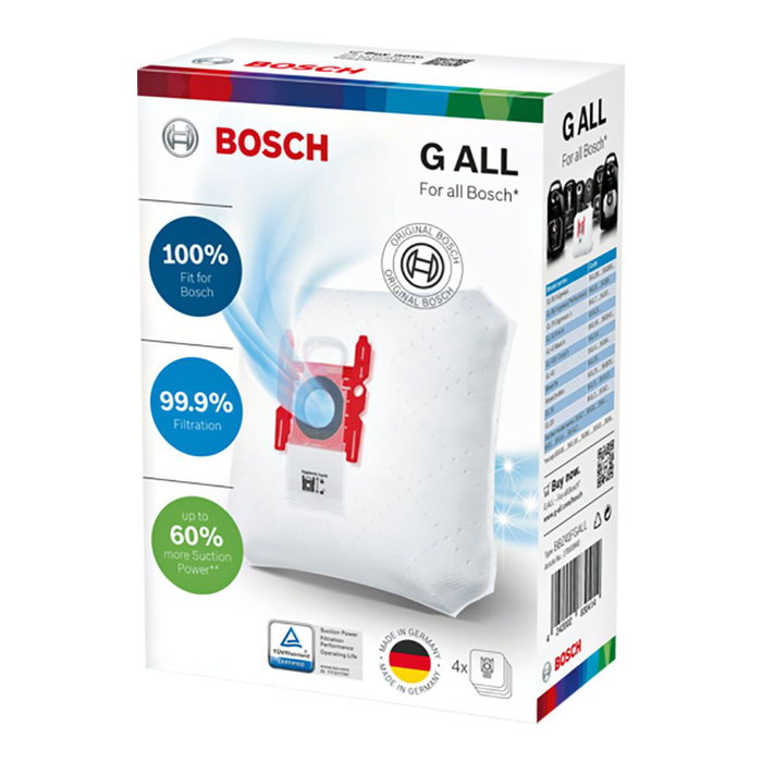 Bosch PowerProtect Type G ALL Sacs d'aspirateur avec charbon actif, Lot de 4 sacs + 1 filtre