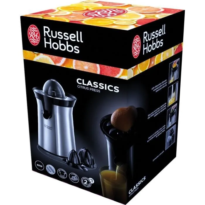 Russell Hobbs Presse-agrumes électrique 22760-56 avec 2 cônes interchangeables pour jus de fruit frais rapide - Design inox brossé