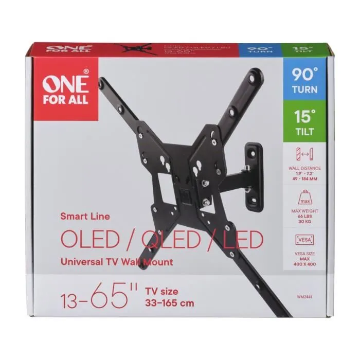 One For All WM2441 Support mural TV inclinable et orientable à 90° pour écran 33 à 165 cm (13-65"), charge max 30 kg, compatibilité VESA jusqu'à 400x400