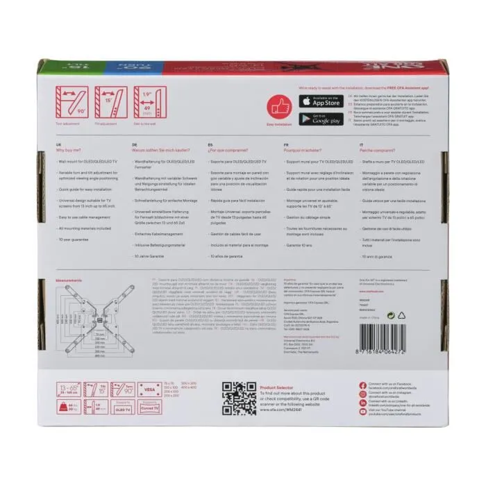 One For All WM2441 Support mural TV inclinable et orientable à 90° pour écran 33 à 165 cm (13-65"), charge max 30 kg, compatibilité VESA jusqu'à 400x400