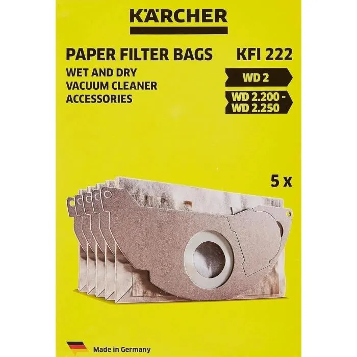 Karcher Paquet de 5 sachets filtres papier double épaisseur haute résistance pour modèles WD2200 / A2003 / 2004 / 2054Me