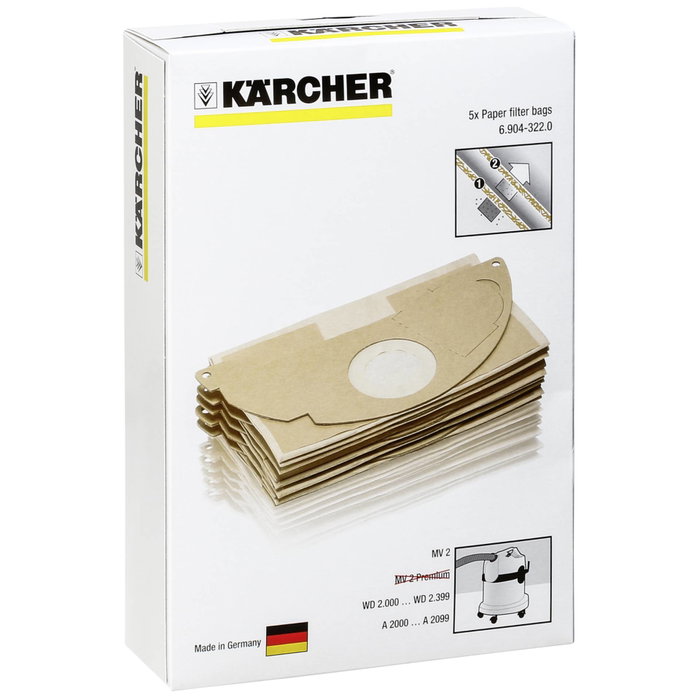 Karcher Sachet filtre papier à deux épaisseurs, paquet de 5 pièces pour WD2200 / A2003 / 2004 / 2054Me