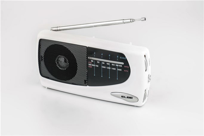 Radio portative Elbe RF-52-SOB en blanc avec tuner analogique FM/AM, haut-parleur intégré et antenne télescopique