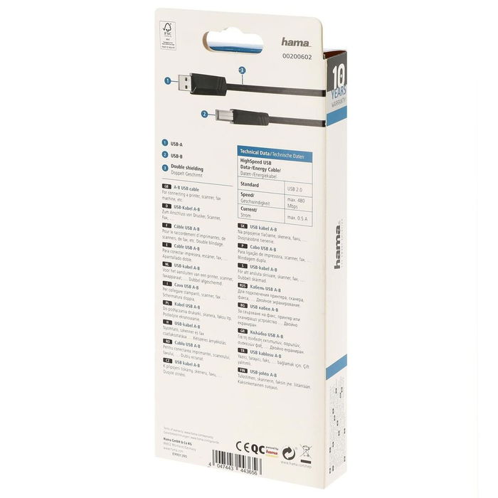 Câble USB 2.0 A vers USB B Hama 00200602 Noir