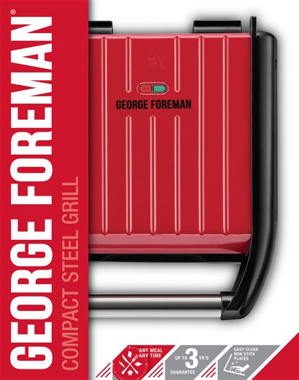 George Foreman 25030-56 Grill Électrique Compact Rouge Antiadhésif, Élimine Jusqu'à 42% de Graisse, Plaques à Nettoyage Facile et Récupérateur de Graisses