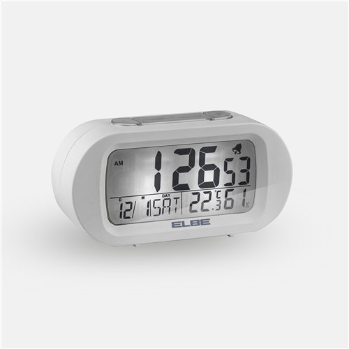Elbe RD-009-B Réveil voyage avec thermomètre et hygromètre - Écran 9 cm rétroéclairé, fonction snooze - Blanc