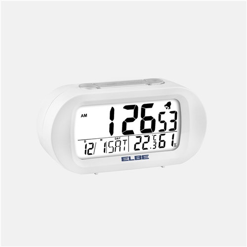 Elbe RD-009-B Réveil voyage avec thermomètre et hygromètre - Écran 9 cm rétroéclairé, fonction snooze - Blanc