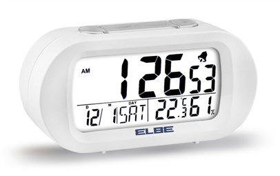 Elbe RD-009-B Réveil voyage avec thermomètre et hygromètre - Écran 9 cm rétroéclairé, fonction snooze - Blanc