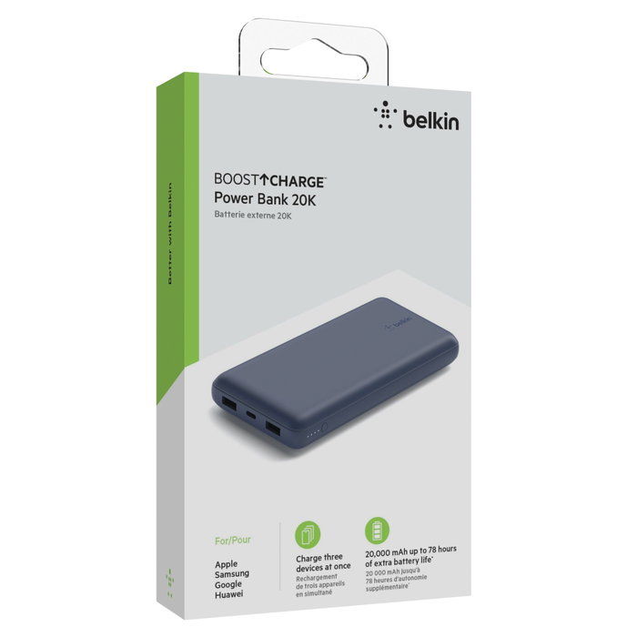 Belkin Batterie externe 20 000 mAh USB-A & USB-C 15W Bleu
