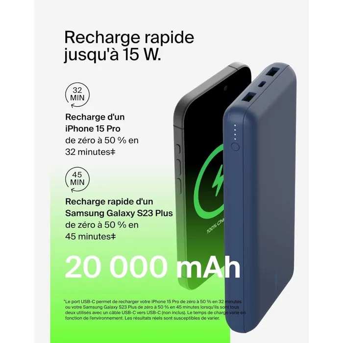 Belkin - Batterie externe 20000 mAh, 15 W, Bleu - 2 ports USB-A et USB-C pour recharge rapide