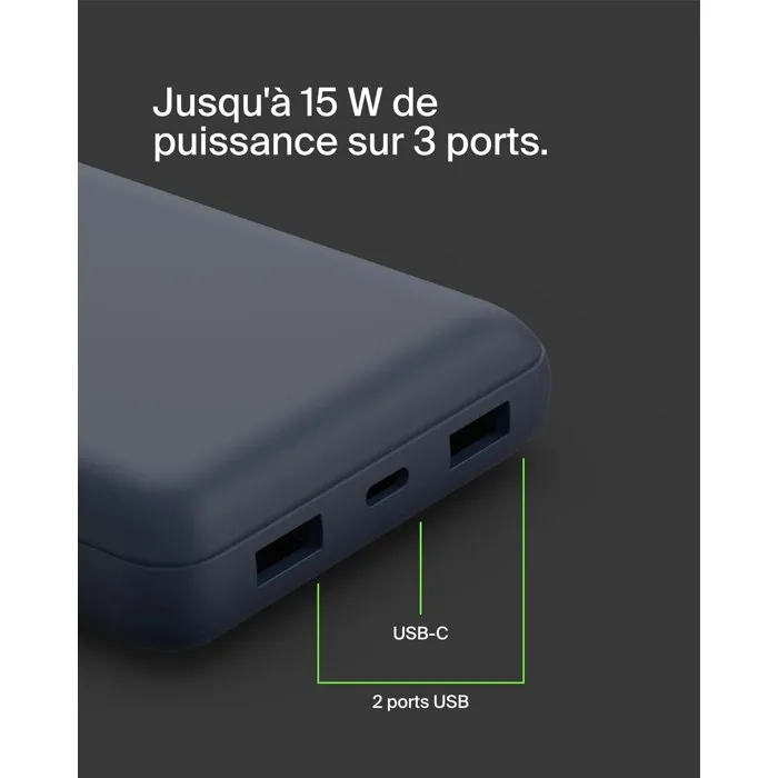 Belkin - Batterie externe 20000 mAh, 15 W, Bleu - 2 ports USB-A et USB-C pour recharge rapide