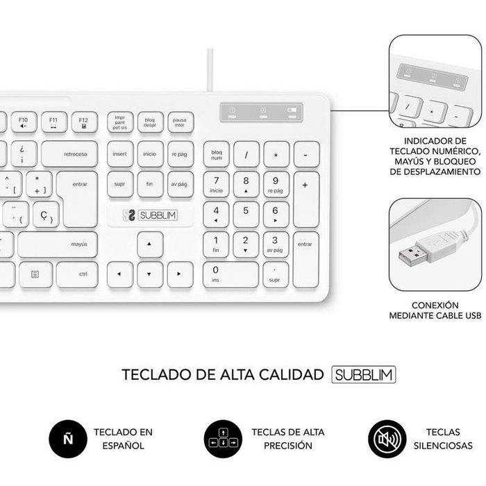 clavier et souris Subblim SUBKBC-CSSK02 Blanc Espagnol Qwerty QWERTY