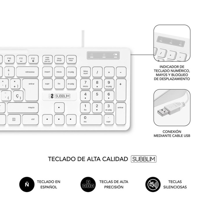Subblim Subkbc Cssk02 Combo Clavier et Souris USB Silencieux Blanc QWERTY Espagnol Ergo