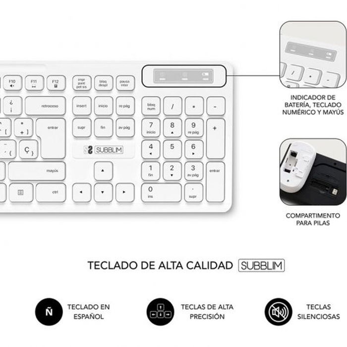 Clavier et souris sans fil Subblim SUBKBC-CSSW11 Blanc Espagnol Qwerty