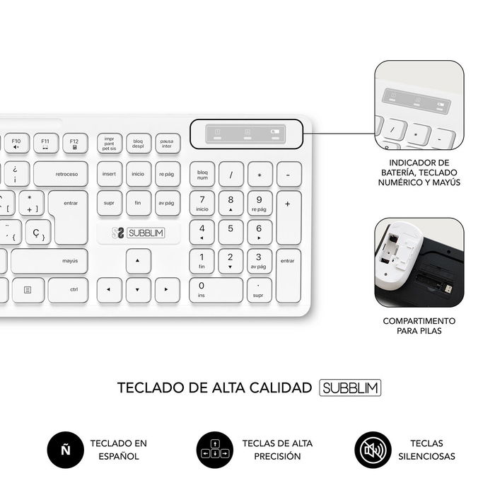Clavier et souris sans fil Subblim SUBKBC-CSSW11 Blanc Espagnol Qwerty