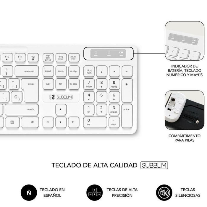 Clavier et souris sans fil Subblim SUBKBC-CSSW11 Blanc Espagnol Qwerty