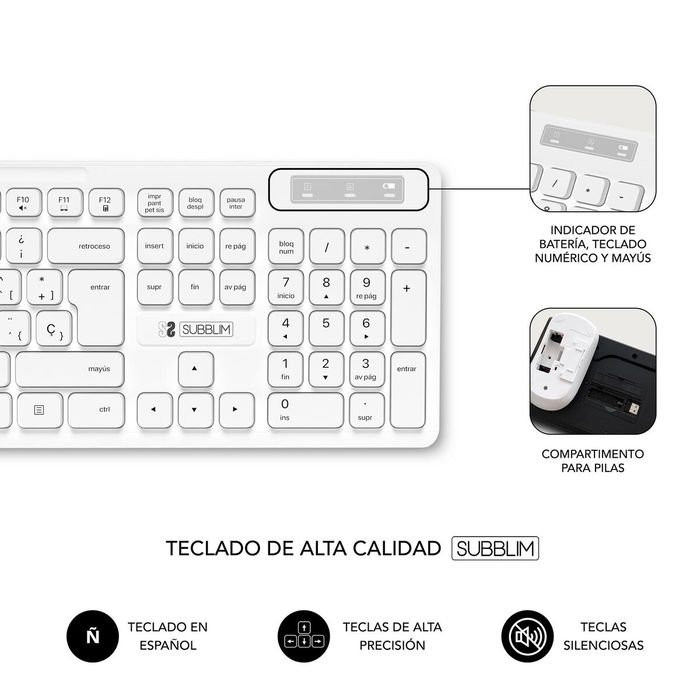 Clavier et souris sans fil Subblim SUBKBC-CSSW11 Blanc Espagnol Qwerty
