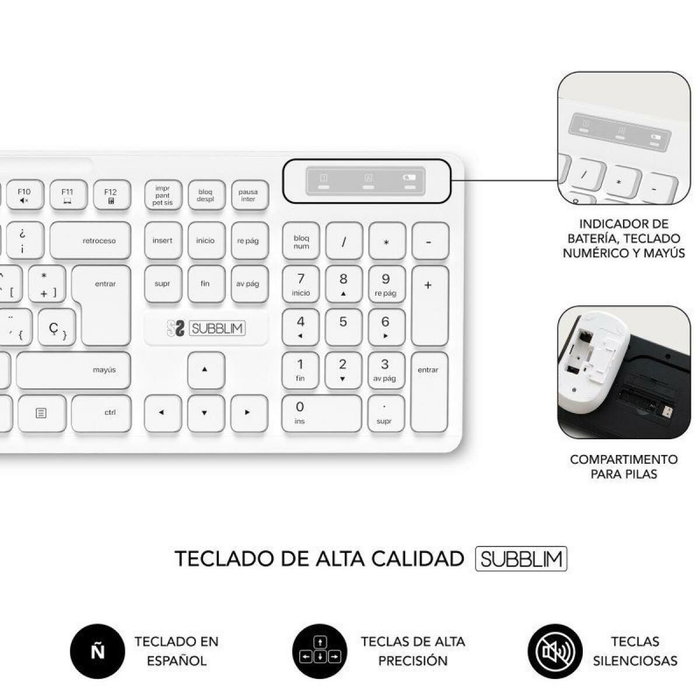 Clavier et souris sans fil Subblim SUBKBC-CSSW11 Blanc Espagnol Qwerty