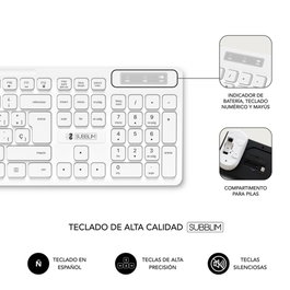 Subblim Subkbc Cssw11 Combo Clavier et Souris Sans Fil 2.4GHz Silencieux Ergonomic QWERTY Espagnol Blanc