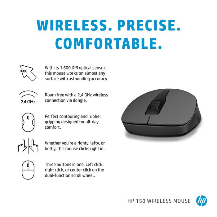 HP Souris sans fil HP 150 - Souris ergonomique ambidextre avec molette de défilement précise pour un confort et une productivité optimale