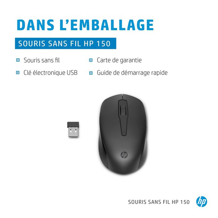 HP Souris sans fil HP 150 - Souris ergonomique ambidextre avec molette de défilement précise pour un confort et une productivité optimale