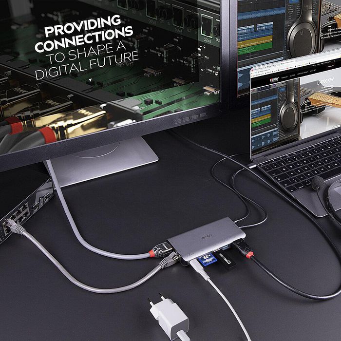 Lindy DST-Mini XT Station d'accueil USB-C Mini - Hub USB-C avec HDMI et DisplayPort 4K, Ports USB-A, Ethernet, Audio, Double Écran Full HD, Charge 100W pour Ordinateur Portable