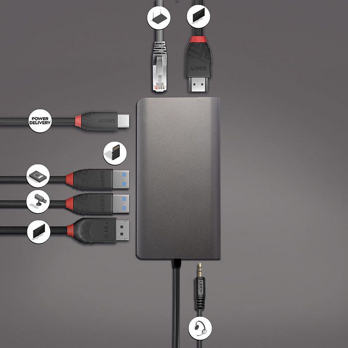 Lindy DST-Mini XT Station d'accueil USB-C Mini - Hub USB-C avec HDMI et DisplayPort 4K, Ports USB-A, Ethernet, Audio, Double Écran Full HD, Charge 100W pour Ordinateur Portable
