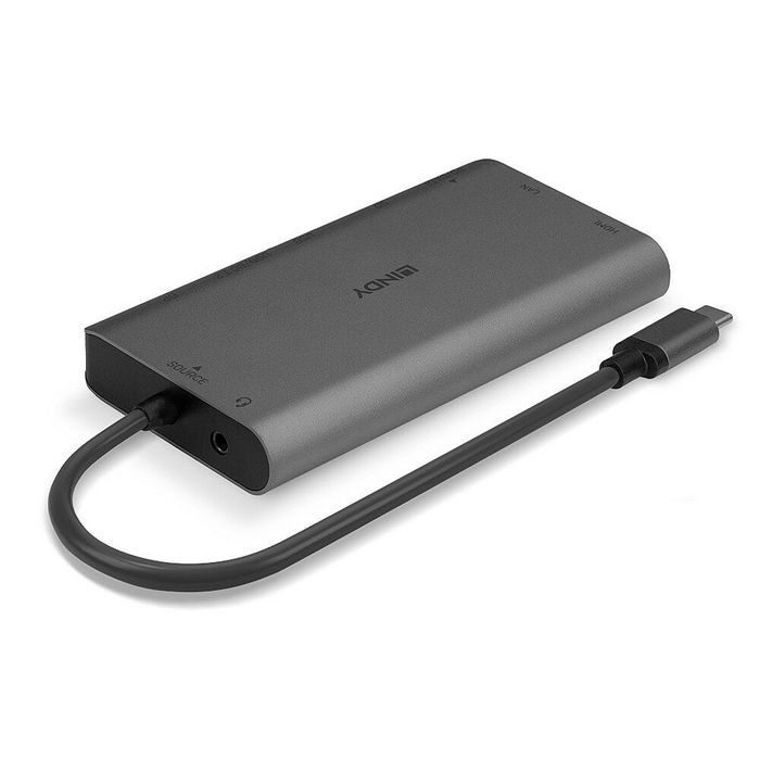 Lindy DST-Mini XT Station d'accueil USB-C Mini - Hub USB-C avec HDMI et DisplayPort 4K, Ports USB-A, Ethernet, Audio, Double Écran Full HD, Charge 100W pour Ordinateur Portable
