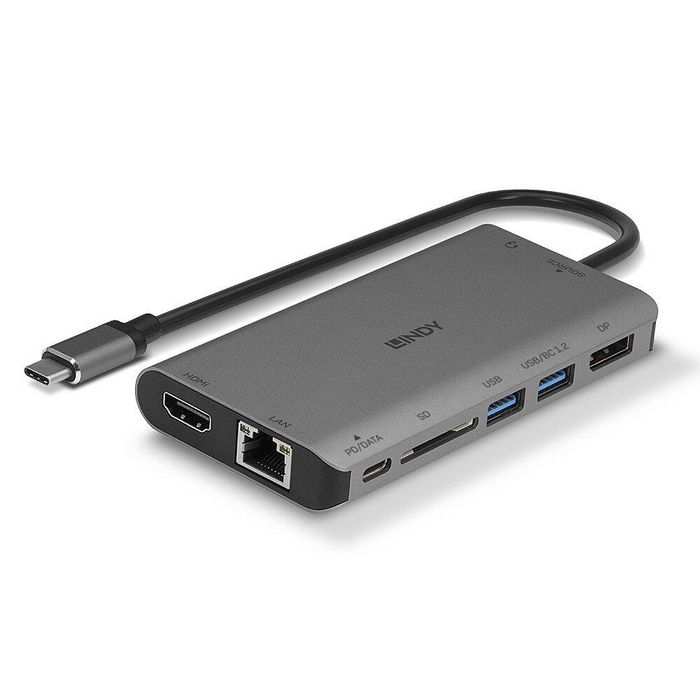 Lindy DST-Mini XT Station d'accueil USB-C Mini - Hub USB-C avec HDMI et DisplayPort 4K, Ports USB-A, Ethernet, Audio, Double Écran Full HD, Charge 100W pour Ordinateur Portable