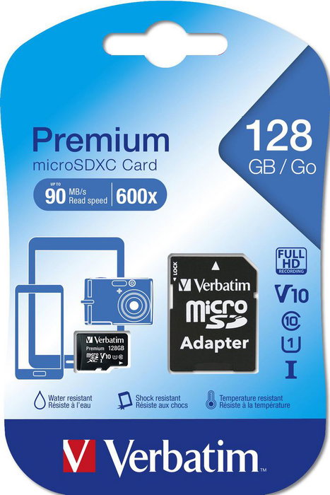 Verbatim - Carte mémoire microSDXC 128 Go Classe 10, adaptateur SD inclus, pour smartphone, GPS, appareil photo