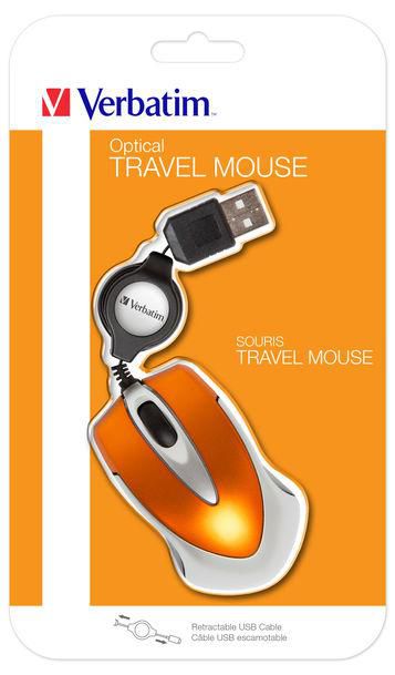 Verbatim Souris Optique de Voyage USB Go Mini Portable 1000 DPI avec Cable Retractable - Pour Droitiers/Gauchers - Orange Volcanique