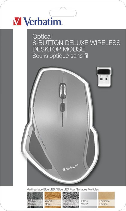 Verbatim Souris sans fil Deluxe 8 boutons, 2.4 GHz, 1600 DPI, Nano récepteur USB, avec piles AA, pour toutes surfaces