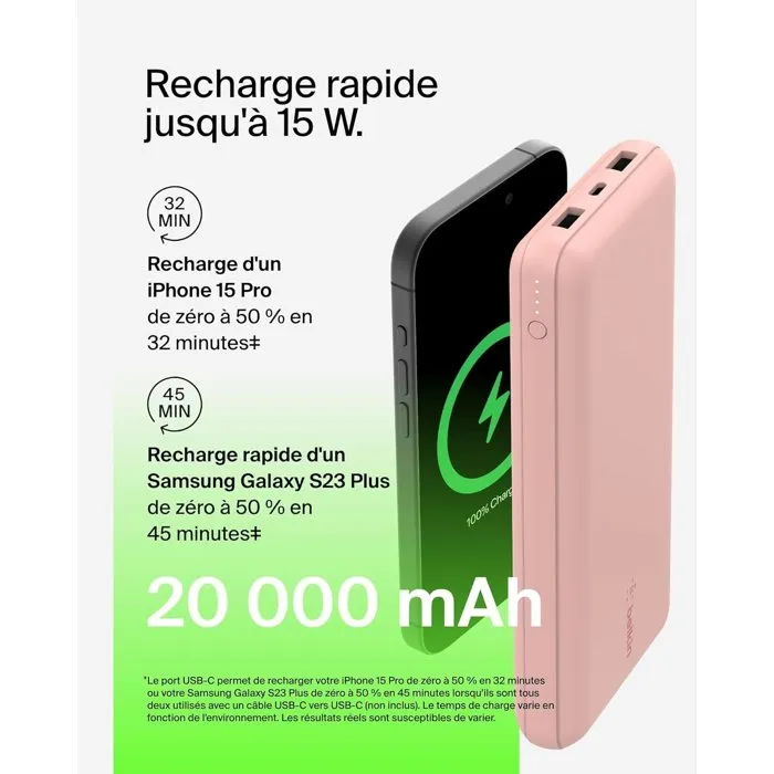 Belkin - Batterie externe portable 20000 mAh - Double port USB-A et USB-C - Charge rapide 15W - Rose
