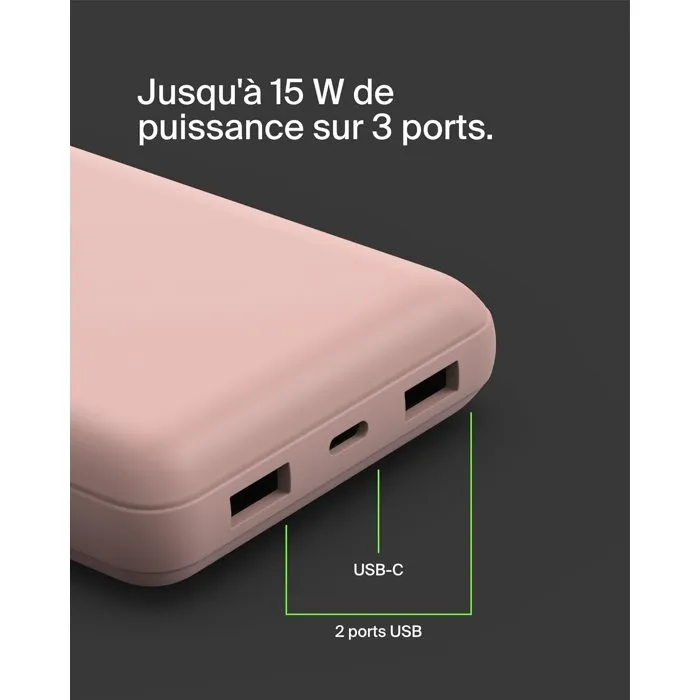Belkin - Batterie externe portable 20000 mAh - Double port USB-A et USB-C - Charge rapide 15W - Rose