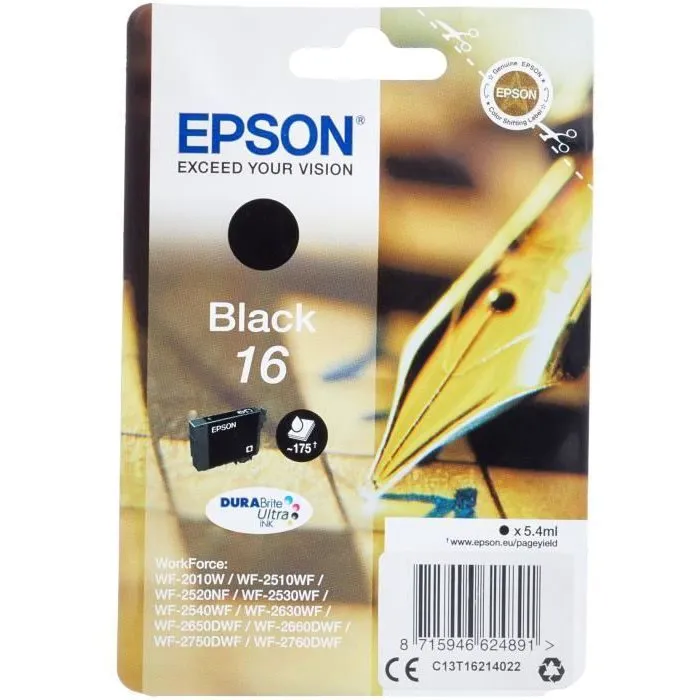 Epson Cartouche d'encre noir Pack de 1 - Capacité standard 5,4ml - Jusqu'à 175 pages - Référence 16