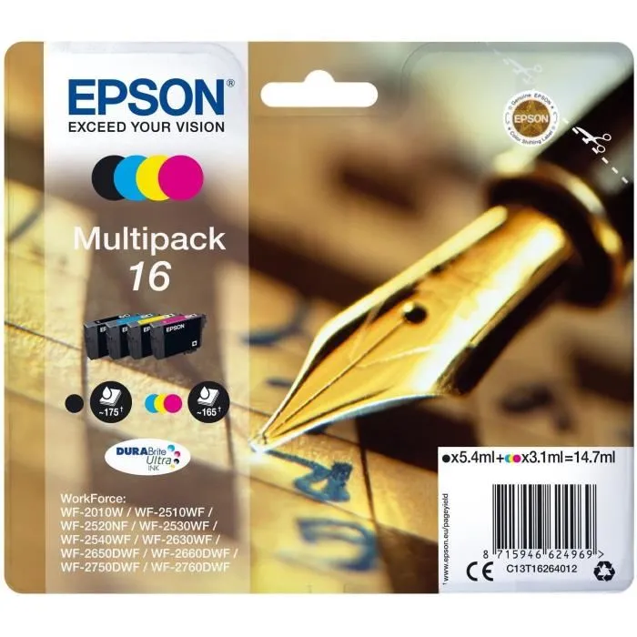 Epson - Pack de 4 cartouches d'encre (Noir + Couleurs) - Compatible WorkForce WF-2010W, WF-2510WF, WF-2520NF, WF-2530WF, WF-2540WF, WF-2630, WF-2630WF Epson - Pack de 4 cartouches d'encre (Noir + Couleurs) - Compatible WorkForce WF-2010W, WF-2510WF, WF-2520NF, WF-2530WF, WF-2540WF, WF-2630, WF-2630WF