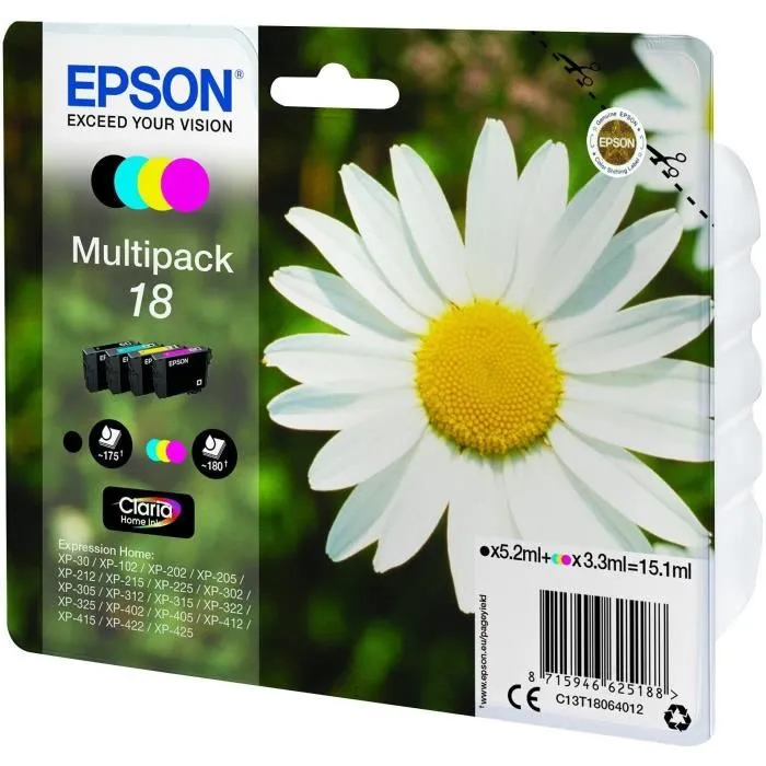 Cartouches d'encre compatibles Epson T1806 Pâquerette 4 couleurs (Noir, Cyan, Magenta, Jaune) pour imprimante MUFC - Pack de 4