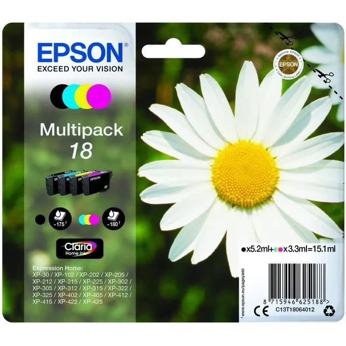 Cartouches d'encre compatibles Epson T1806 Pâquerette 4 couleurs (Noir, Cyan, Magenta, Jaune) pour imprimante MUFC - Pack de 4