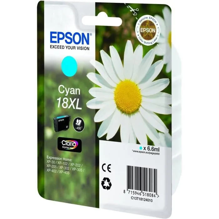 Epson Cartouche d'encre T1812 XL Cyan Claria Home pour imprimantes compatibles - C13T18124012