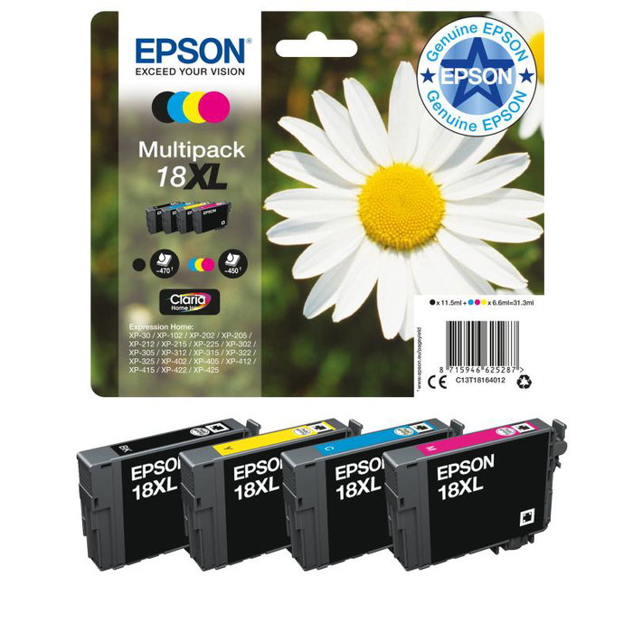 Epson Multipack de cartouches d'encre 18XL C13T18164012 Noir, Cyan, Magenta, Jaune
