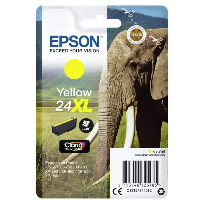 Epson Cartouche d'encre T2434 XL Jaune pour imprimante Série Éléphant - Référence C13T24344012 Epson Cartouche d'encre T2434 XL Jaune pour imprimante Série Éléphant - Référence C13T24344012