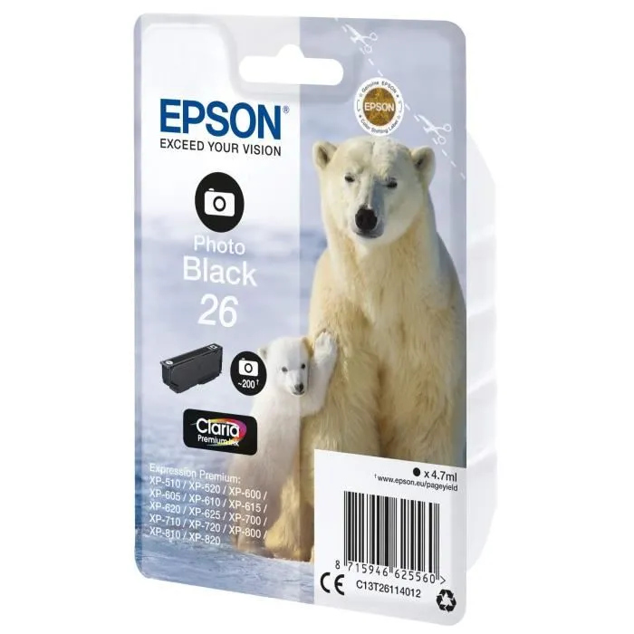 Epson Cartouche d'encre T2611 C13T26114010 Noir photo 5ml - Compatible Expression Premium XP-600 XP-605 XP-700 XP-800