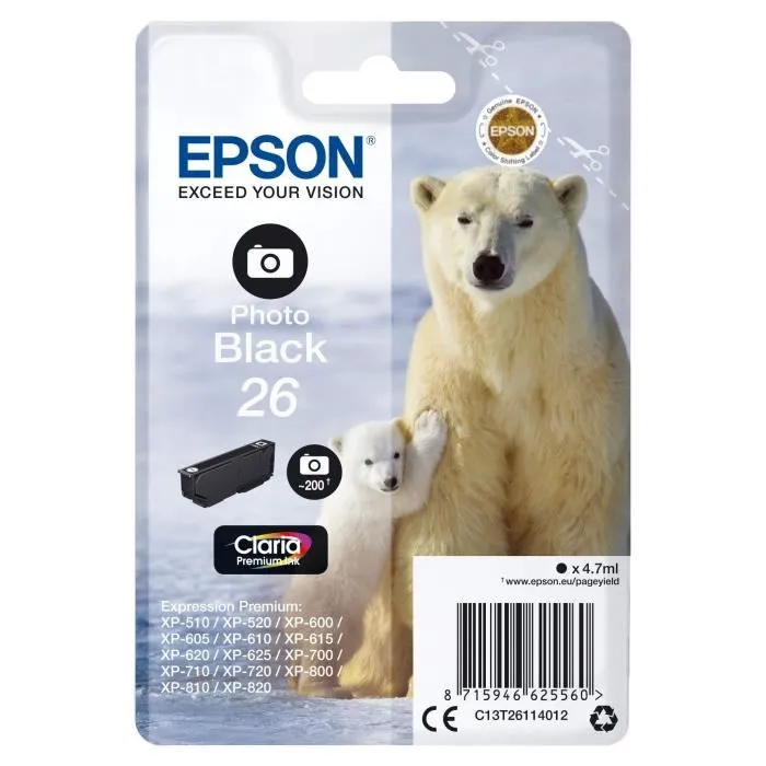 Epson Cartouche d'encre T2611 C13T26114010 Noir photo 5ml - Compatible Expression Premium XP-600 XP-605 XP-700 XP-800