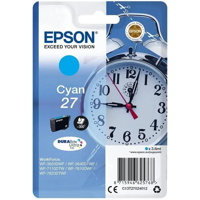 Epson Cartouche d'encre Cyan T2702 Réveil (C13T27024012) - Compatible imprimantes Epson Epson Cartouche d'encre Cyan T2702 Réveil (C13T27024012) - Compatible imprimantes Epson