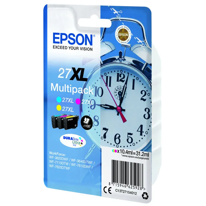 Epson Cartouche 27XL - Pack Réveil 3 couleurs (cyan, magenta, jaune) - Haute capacité 10.4ml - Rendement 100 pages