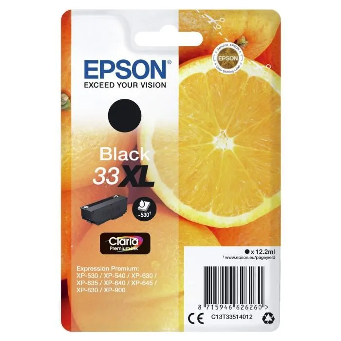 Epson Cartouche d'encre T3351 XL Noir - Oranges C13T33514012, pour Expression Home XP-530 XP-630 XP-635 XP-830, rendement 530 pages Epson Cartouche d'encre T3351 XL Noir - Oranges C13T33514012, pour Expression Home XP-530 XP-630 XP-635 XP-830, rendement 530 pages