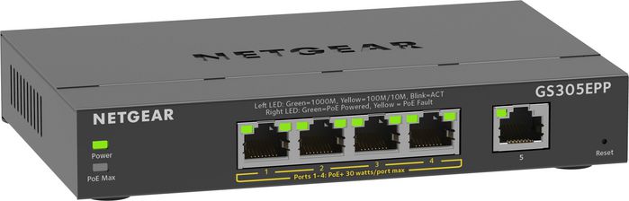Netgear GS105PE Switch 5 Ports Gigabit PoE+ avec Alimentation Haute Puissance - GS105PE-100PES