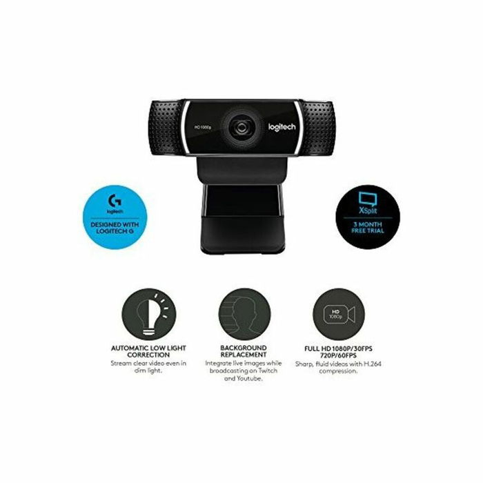 Logitech Webcam C922 Pro Stream 960-001088 - Noir, 1080p 30fps / 720p 60fps, Autofocus, Microphone stéréo